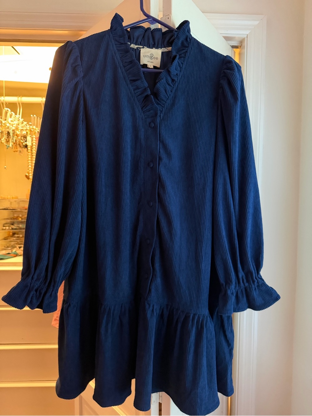 Umgee Navy Ruffle-Trim Button-Front Corduroy Dress NWOT